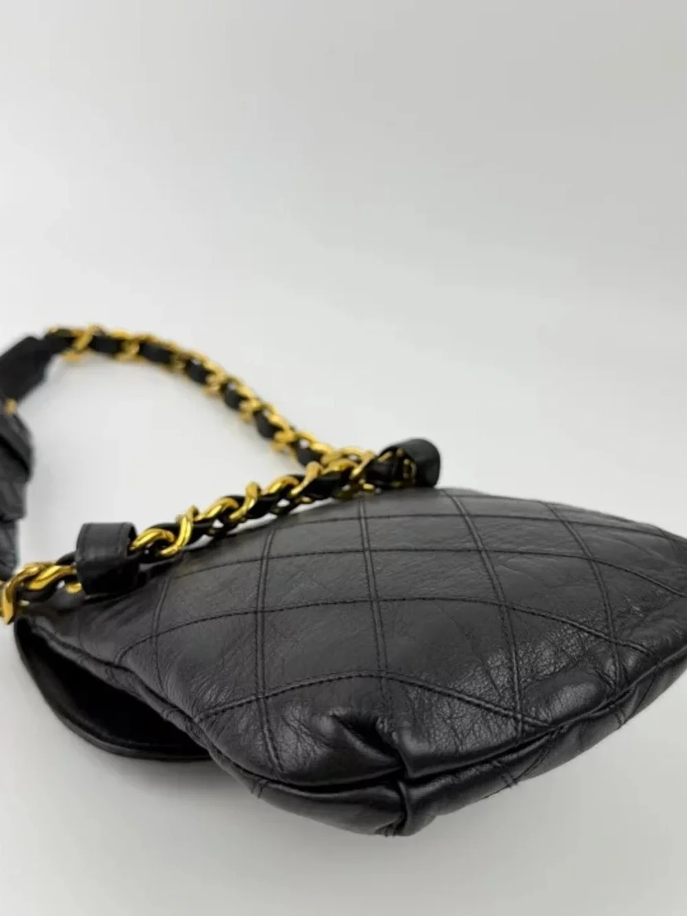 Authentic CHANEL vintage black wild stitch Lambskin bun bag belt 70cm